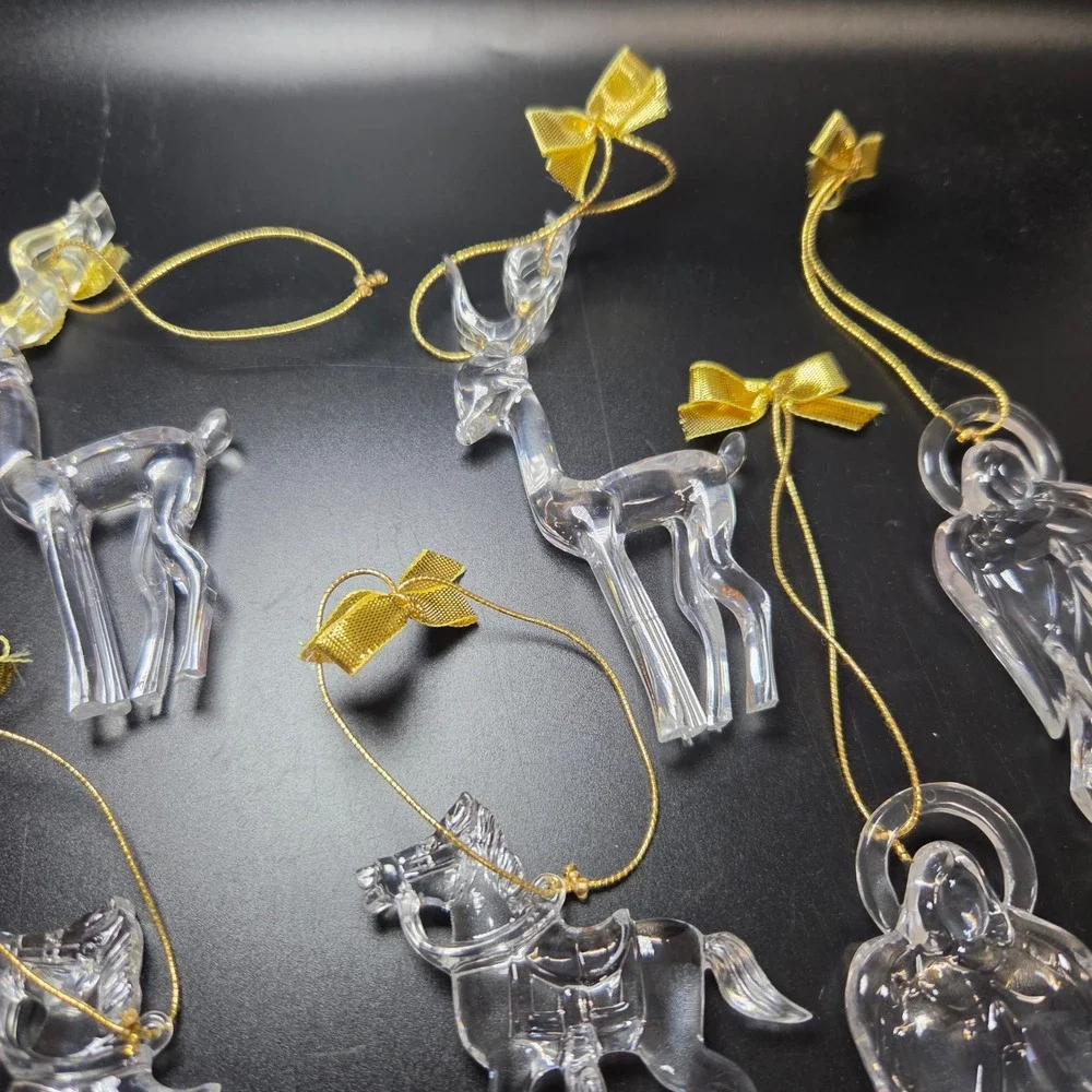 Clear Plastic Christmas Ornaments Set of 6 Reindeer Angel Rocking Horse Gold Bow